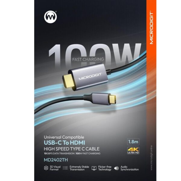 MicroDigit MD2402TH USB-C to HDMI Cable 4K@30Hz, 1.8m - Image 2
