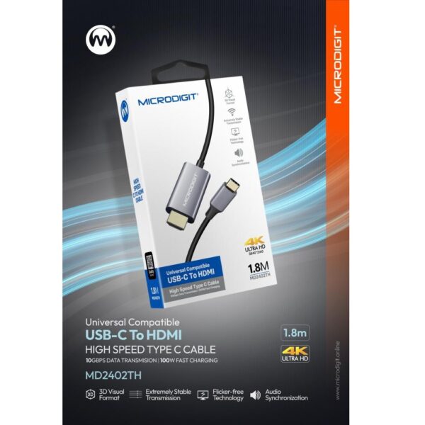 MicroDigit MD2402TH USB-C to HDMI Cable 4K@30Hz, 1.8m - Image 3