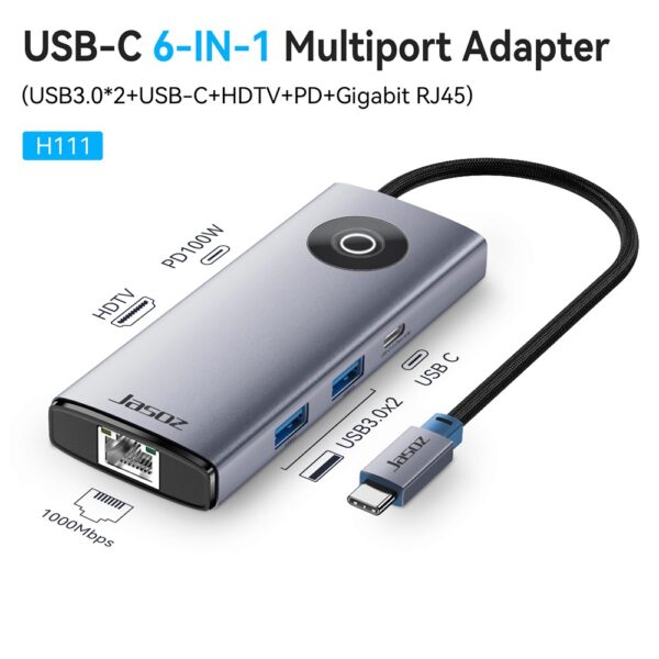 Jasoz H111 USB-C Hub To HDMI RJ45 USB3.0 PD100W Type-C 6in1 Multi-port Convertor Adapter
