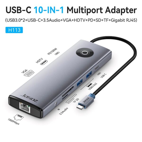 Jasoz H113 USB-C Hub To HDMI VGA Audio RJ45 Card Reader USB3.0 PD100W Type-C 10in1 Multi-port Convertor Adapter