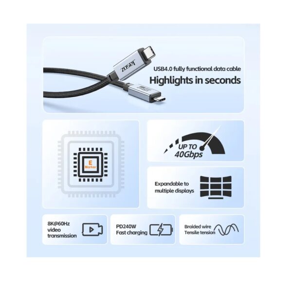 Jasoz D119 USB 4.0 Cable USB-C Male to Male 8K @60Hz Display, PD 240W Fast Charging, 40Gbps, 1.5m - Image 3