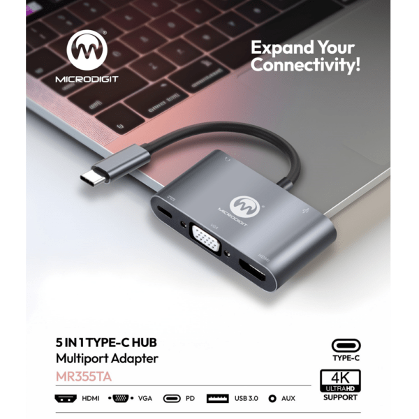 MicroDigit MR355TA USB-C 5in1 Hub Multi Port Adapter (HDMI, VGA, USB, AUX, Type-C PD) - Image 2