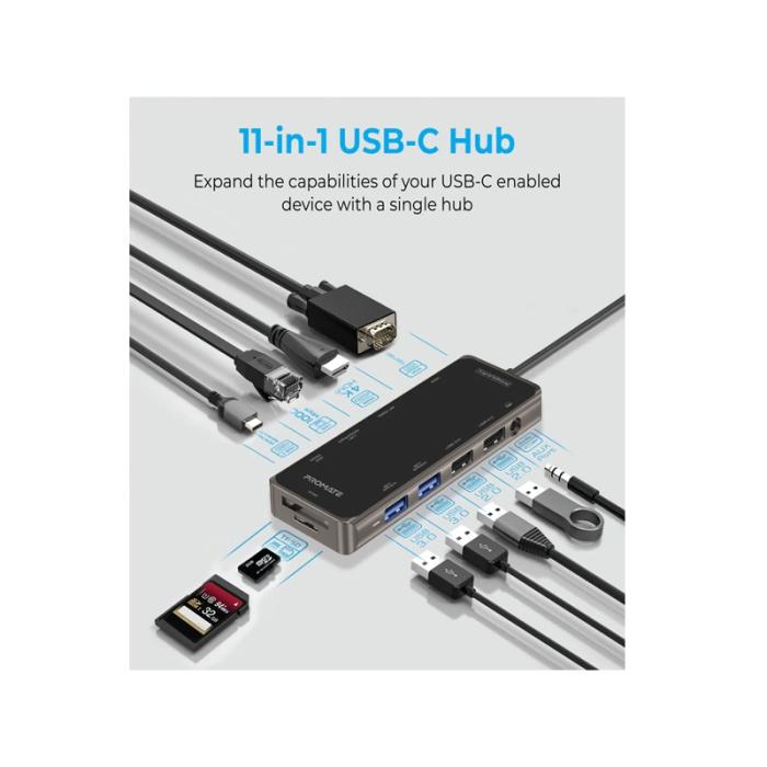 Promate Prime Hub Pro Ultra-Fast Multiport 11-in-1 USB-C Hub with 100W Power Delivery - Image 3